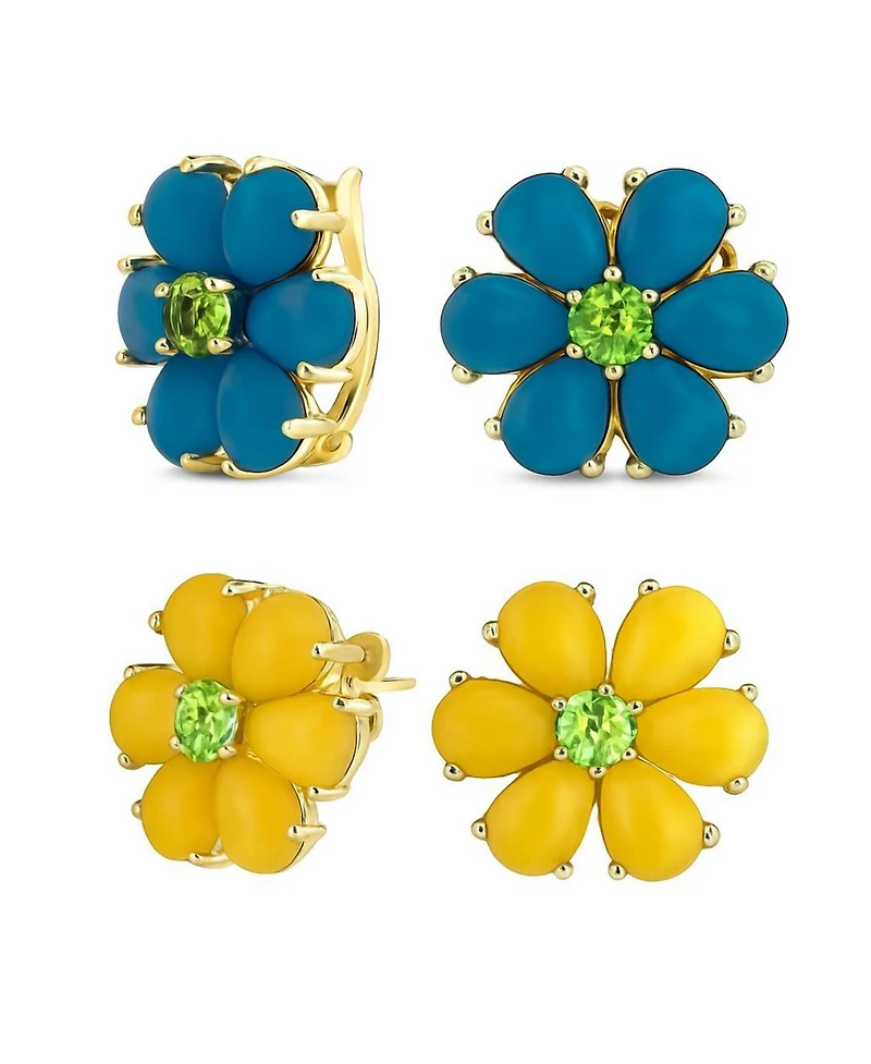 Bling Jewelry Set of 2 Garden Flower Jade Yellow Stud & Aqua Clip-On Earrings Green Cz Center Gold Plated Silver