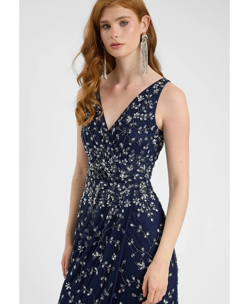 Beauut Women's Embellished Sequin Beaded Maxi Dress With Wrap Bottom