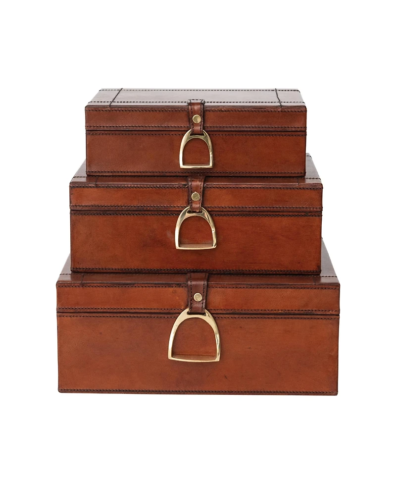 Storied Home 3-Piece Wood and Leather Nesting Boxes, Gold Finish and Cognac Color
