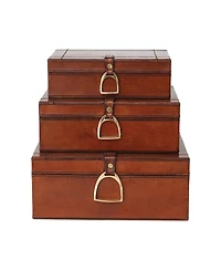 Storied Home 3-Piece Wood and Leather Nesting Boxes, Gold Finish and Cognac Color