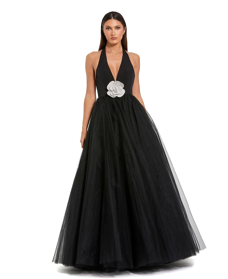 Mac Duggal Women's Jersey Halter Ballgown with Tulle Skirt and Floral Detail