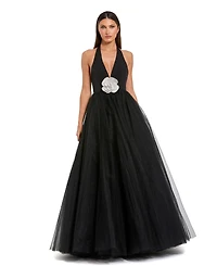 Mac Duggal Women's Jersey Halter Ballgown with Tulle Skirt and Floral Detail