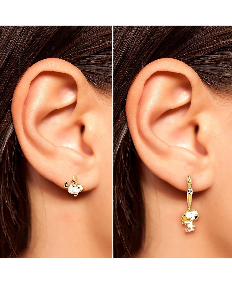 Peanuts Snoopy Earring Set, 2-Pair, Gold-Tone Studs & Dangle Hoops