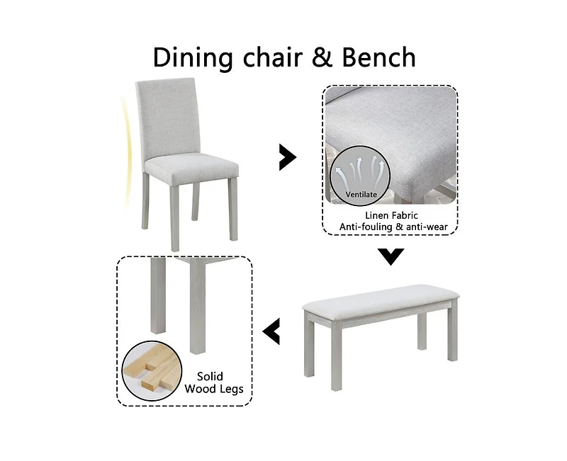 Casainc 6-Piece Silver Grey Crystal Accent Wood Dining Set with Rectangular Table 4 Upholstered Chairs and Bench