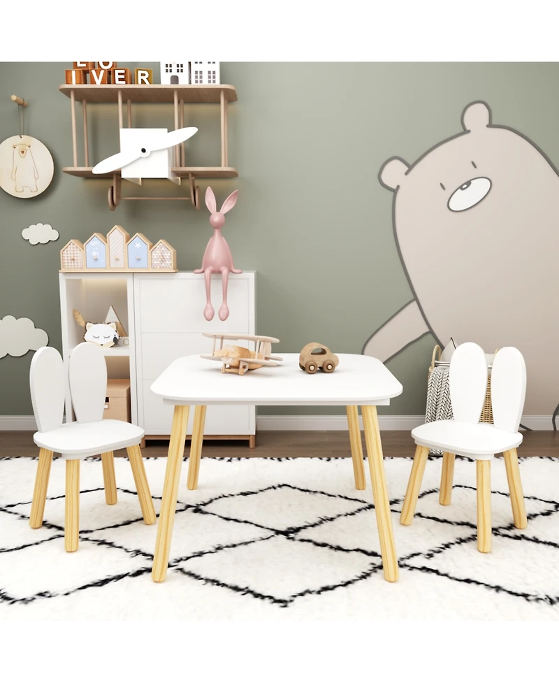 Casainc 3-Piece Rabbit Themed Kids Table and Chair Set with Solid Wood Legs in White