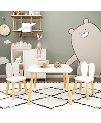 Casainc 3-Piece Rabbit Themed Kids Table and Chair Set with Solid Wood Legs in White