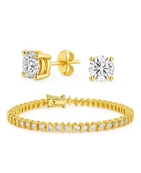 Bling Jewelry Round Cz Tennis Bracelet & Solitaire Stud Earrings Jewelry Set GoldPlated Sterling Silver