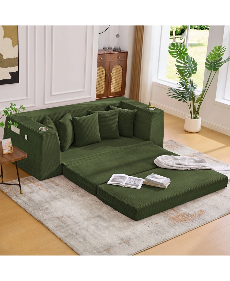 Streamdale Furniture Corduroy Convertible Sofa Bed Loveseat Sleeper with 5 Pillows, Green