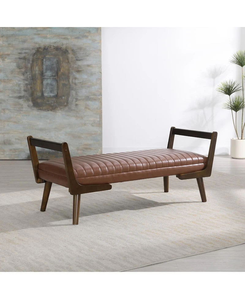 Streamdale 52" Mid Century Walnut Bench with Channeled Upholstered Footrest Stool