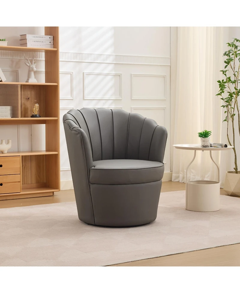 Streamdale Furniture Streamdale Gray Petal Swivel Chair - Genuine Leather Wing-Back Desk Chair, Curved Design