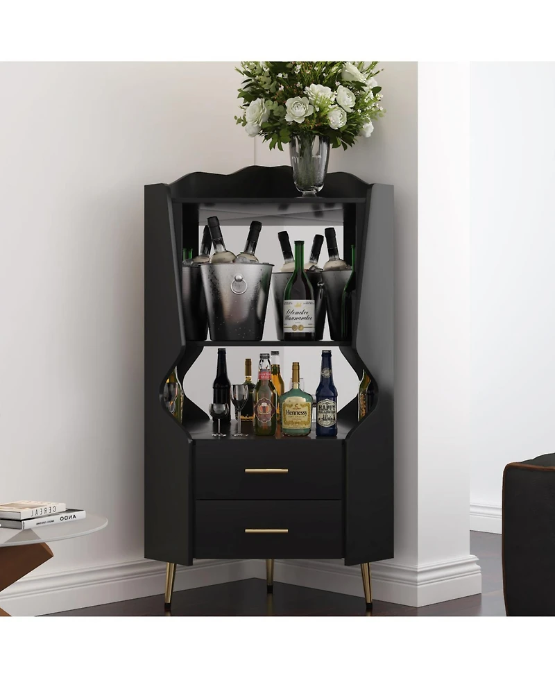 Streamdale Furniture Streamdale Wooden Corner Bar Cabinet with Shelves and Drawers, Mirrored Back - Black