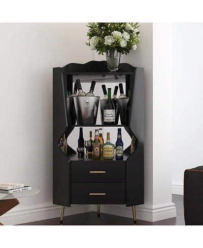 Streamdale Furniture Streamdale Wooden Corner Bar Cabinet with Shelves and Drawers, Mirrored Back - Black