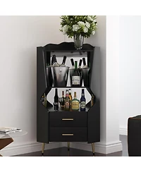 Streamdale Furniture Streamdale Wooden Corner Bar Cabinet with Shelves and Drawers, Mirrored Back - Black