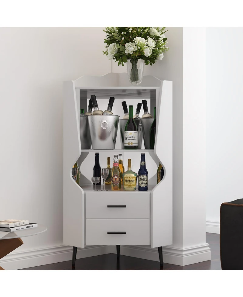Streamdale Furniture Streamdale Wooden Corner Bar Cabinet with Storage Shelves and Drawers, White