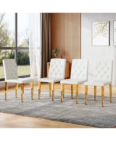 Streamdale 4-pack White Pu Dining Chairs, Ergonomic Buckle Back, 35"H, Golden Metal Legs