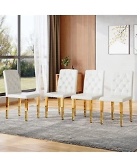 Streamdale 4-pack White Pu Dining Chairs, Ergonomic Buckle Back, 35"H, Golden Metal Legs