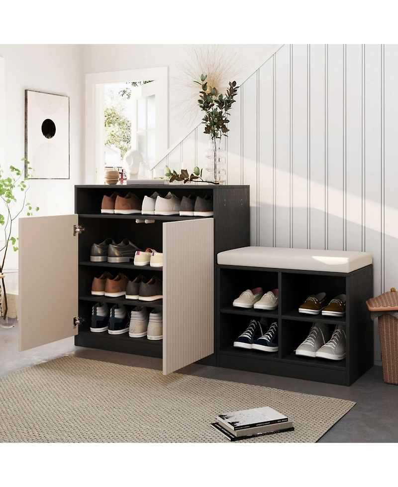 Streamdale Furniture Livingroom Cabinet with Shoe Bench, 2 Doors, 3-Tier Shelves, Entryway 4 Racks