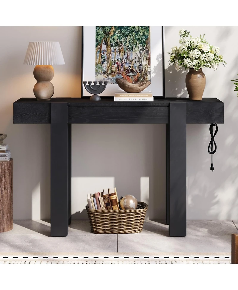 Streamdale Rustic Minimalist Console Table with Hidden Drawer & Power Outlet (Black)