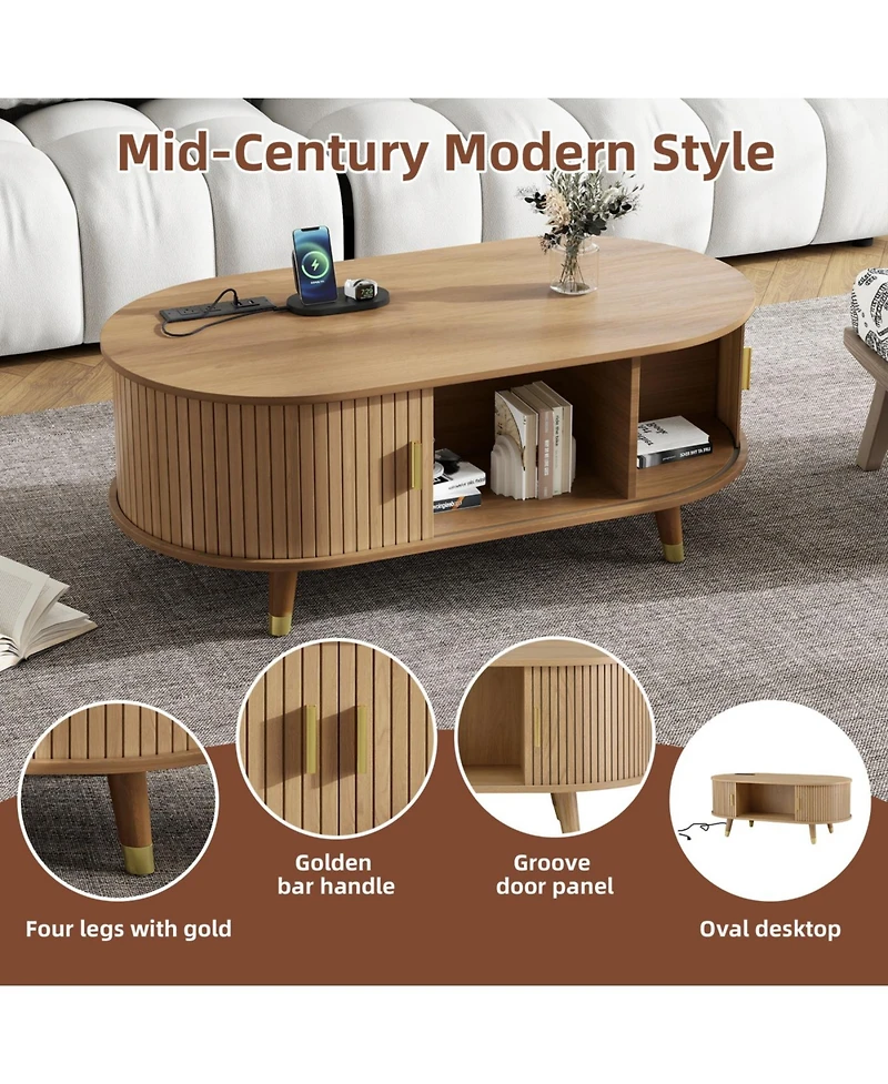 Streamdale Oval Fluted Coffee Table with Charging Station - Mid-Century Style
