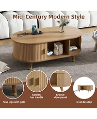 Streamdale Oval Fluted Coffee Table with Charging Station - Mid-Century Style