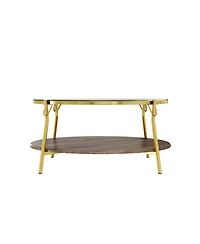 Streamdale Modern Round Walnut Coffee Table with Glass Top & Gold Base