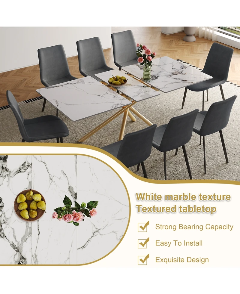 Streamdale Furniture Modern Expandable Dining Table with Retractable Leaf, Stone Top & X-Base, 4 Chairs