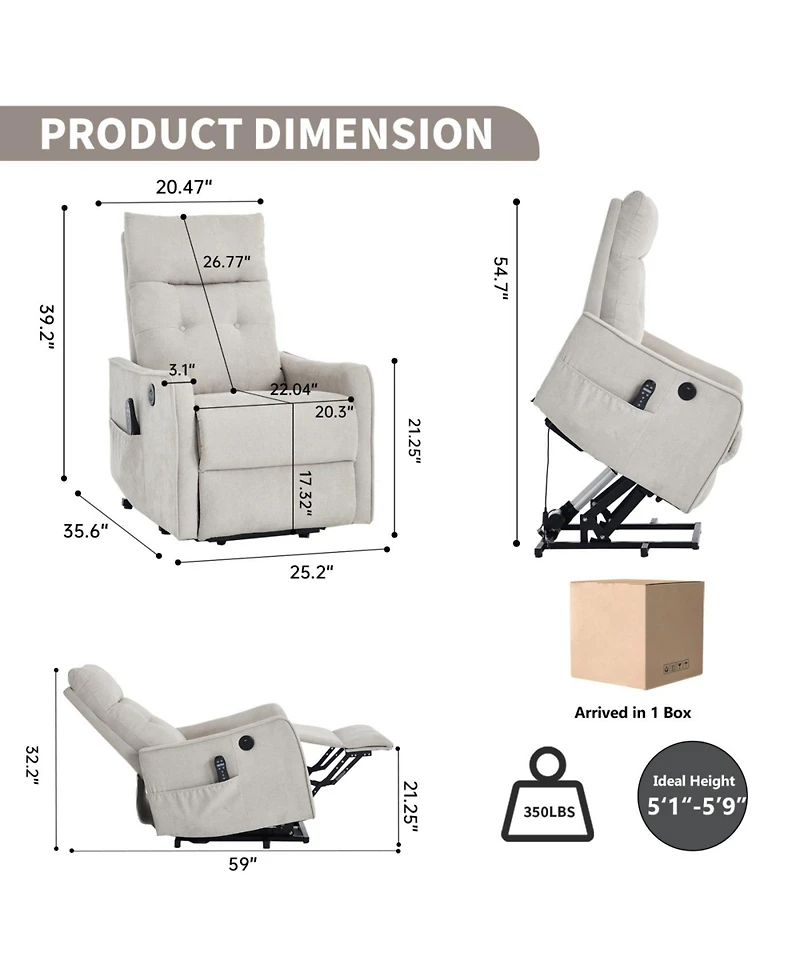 Streamdale Furniture Beige Chenille Power Lift Recliner Chair with Massage & Heat for Elderly