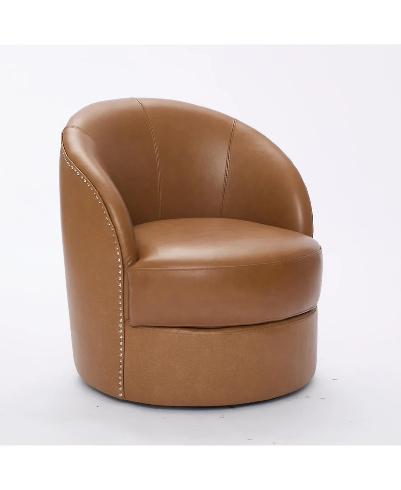 Streamdale Furniture Light Brown Leather Swivel Chair, Mid-Century Modern Lounge Chair