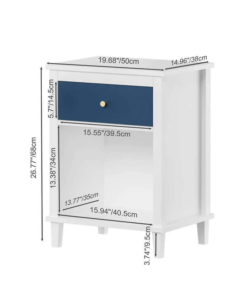 Streamdale Furniture Streamdale Wooden Nightstand with Drawer and Shelf for Kids and Adults, Navy+Golden Handle