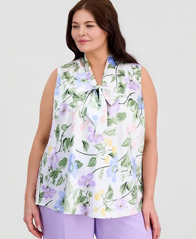 Kasper Plus Floral-Print Tie-Neck Sleeveless Top