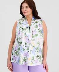 Kasper Plus Floral-Print Tie-Neck Sleeveless Top