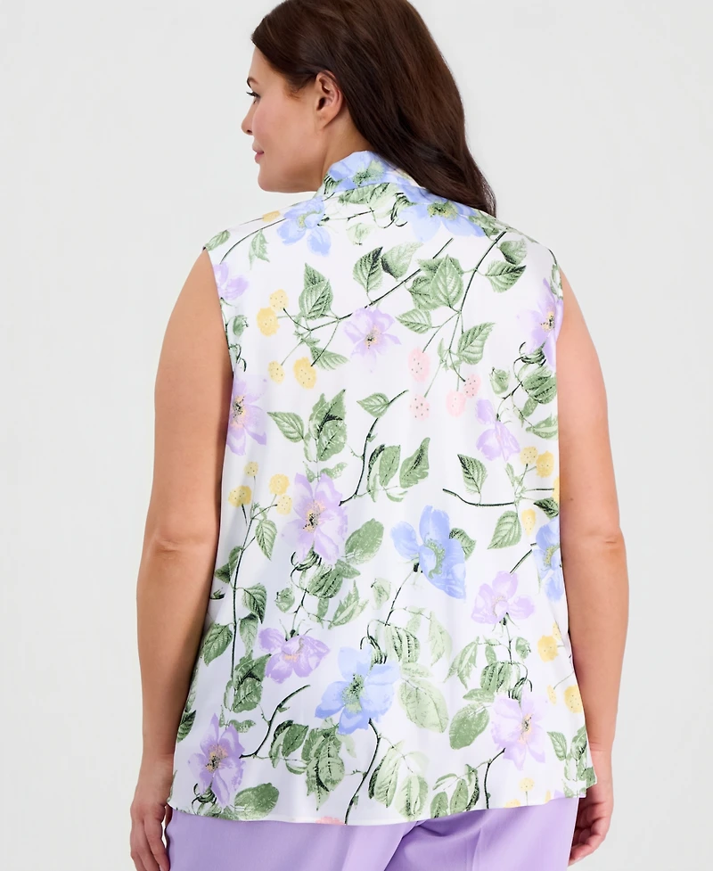 Kasper Plus Floral Sleeveless Bias Bow Blouse