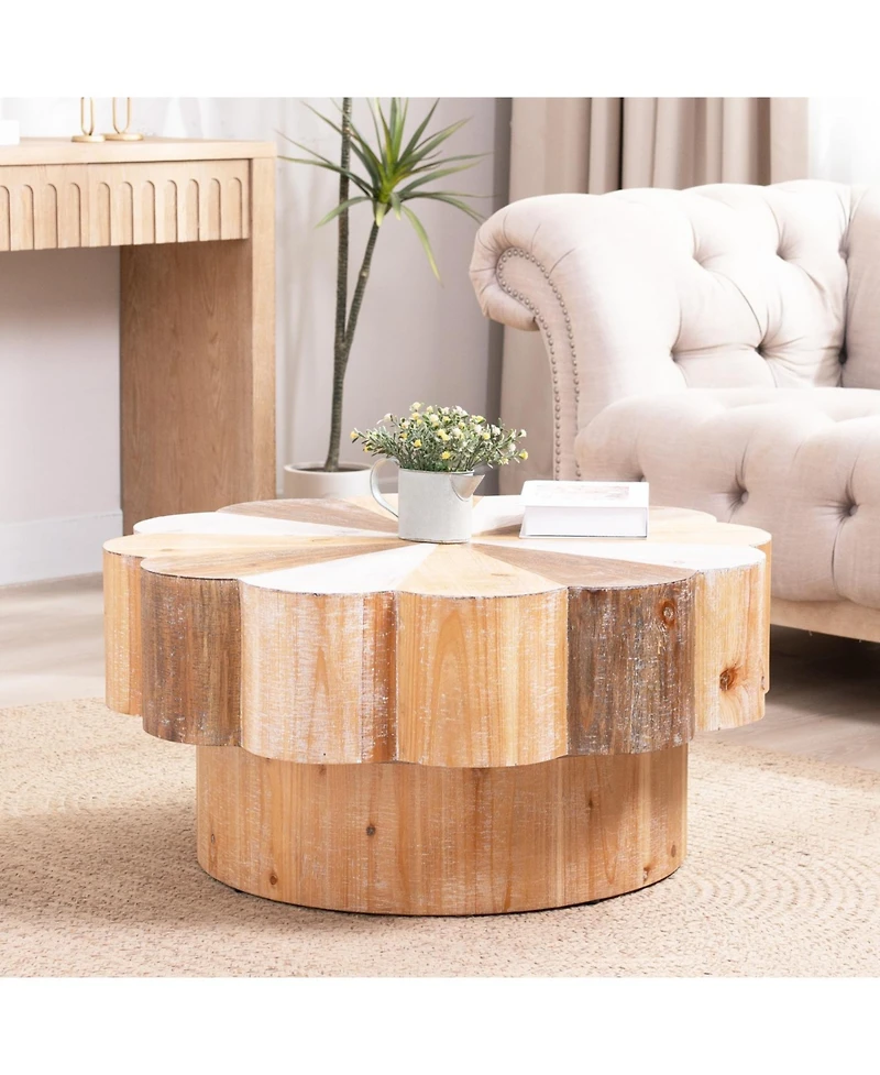 Streamdale Rustic Wood Flower Coffee Table - 31.7" Diameter Vintage Center Table