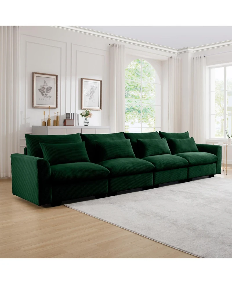 Streamdale Furniture 4 Seater Green Corduroy Sofa with 4 Waist Pillows