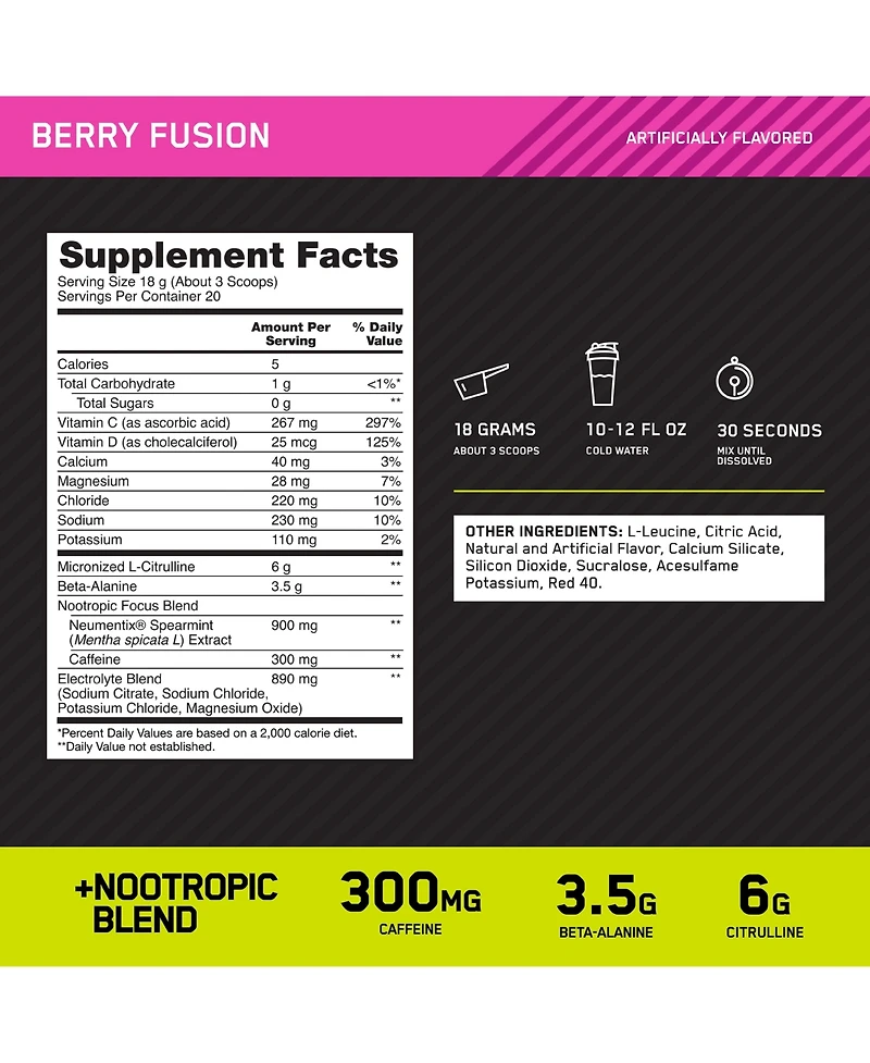 Optimum Nutrition, Pre-Workout Amped Powder, Berry Fusion, High Stim, Sugar-Free, Caffeine, 20 Servings