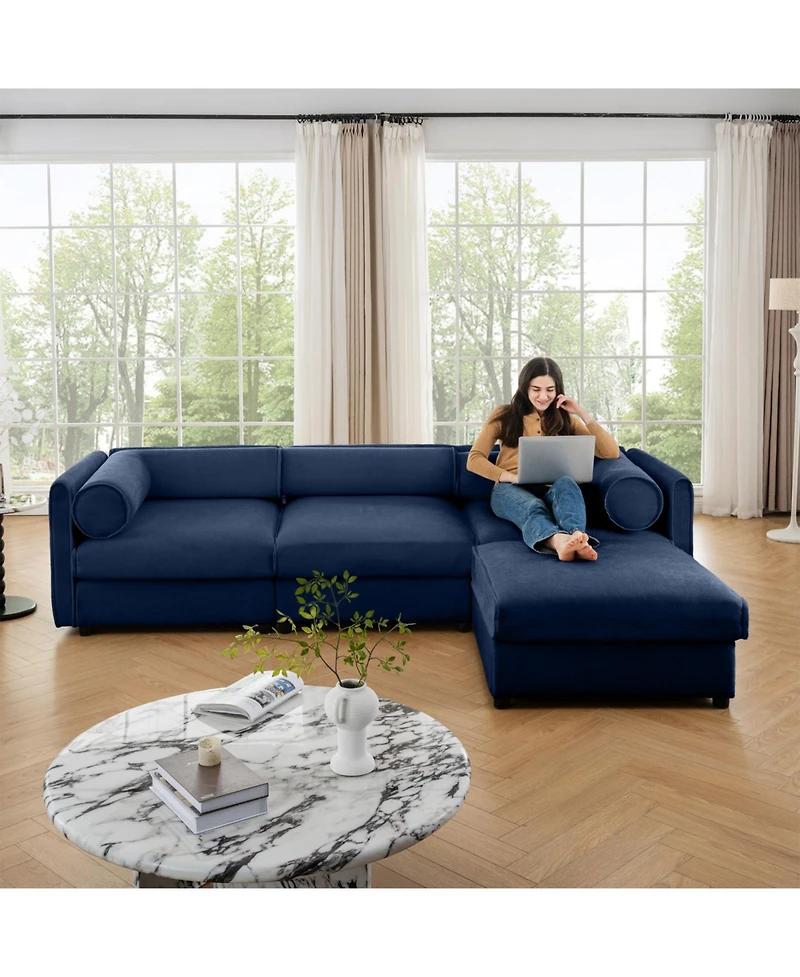 Streamdale Furniture Elegant Blue Chenille L-Shaped Sofa with Storage and Ottoman