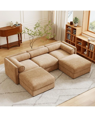 Streamdale Furniture Elegant Camel Chenille U-Shaped Sofa with Storage and Ottoman