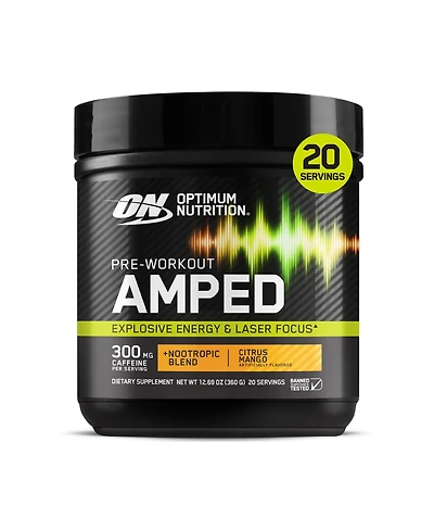 Optimum Nutrition, Pre-Workout Amped Powder, Citrus Mango, High Stim, Sugar-Free, Caffeine, 20 Servings