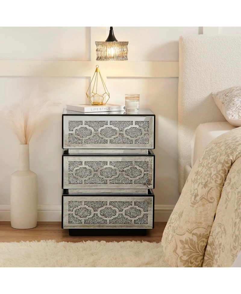 Streamdale Furniture Mirrored Bedside Nightstand with 3 Drawers, Silver Accent End Table