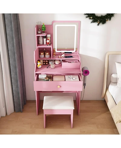 Streamdale Furniture 3-Color Led Vanity Mirror with Stool, Pink Dressing Table, 2 Drawers, 5 Cabinets