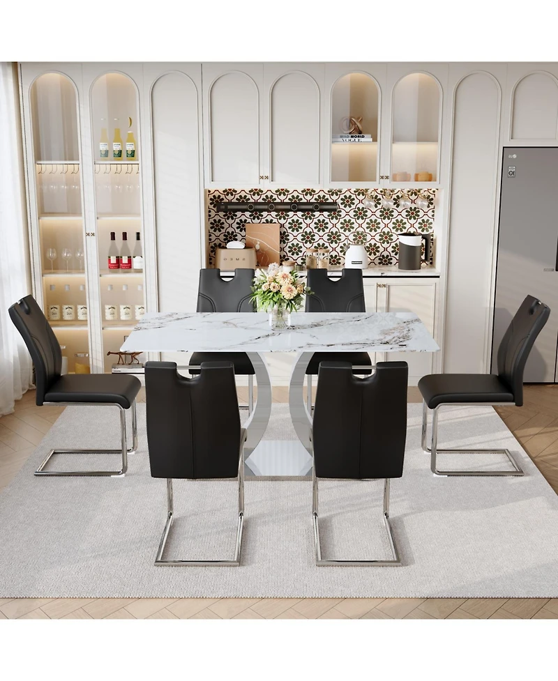 Streamdale Furniture Switchable Mode Stainless Steel Legs Dining Set: White Glass Top & 6 Black Armchairs