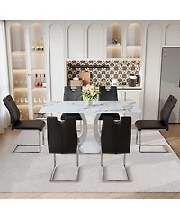 Streamdale Furniture Switchable Mode Stainless Steel Legs Dining Set: White Glass Top & 6 Black Armchairs