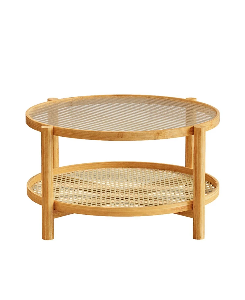 Streamdale Furniture Rattan Coffee Table with Glass Top and Storage Shelf, Modern Round