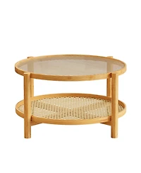 Streamdale Furniture Rattan Coffee Table with Glass Top and Storage Shelf, Modern Round
