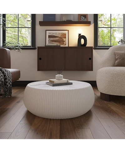 Streamdale Furniture Light Marble Top Leather Drum Coffee Table for Living Room