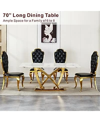 Streamdale Furniture Marble Dining Table for 6, 70" Faux Marble Rectangle Table with Mirrored Stainless Steel Base (Gold, White)