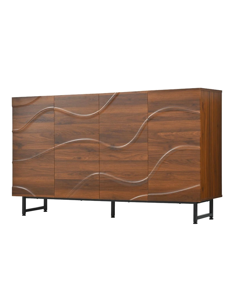 Streamdale Furniture Modern Art Solid Wood Sideboard, 59"W, Wave Relief, Walnut Texture, Iron Legs
