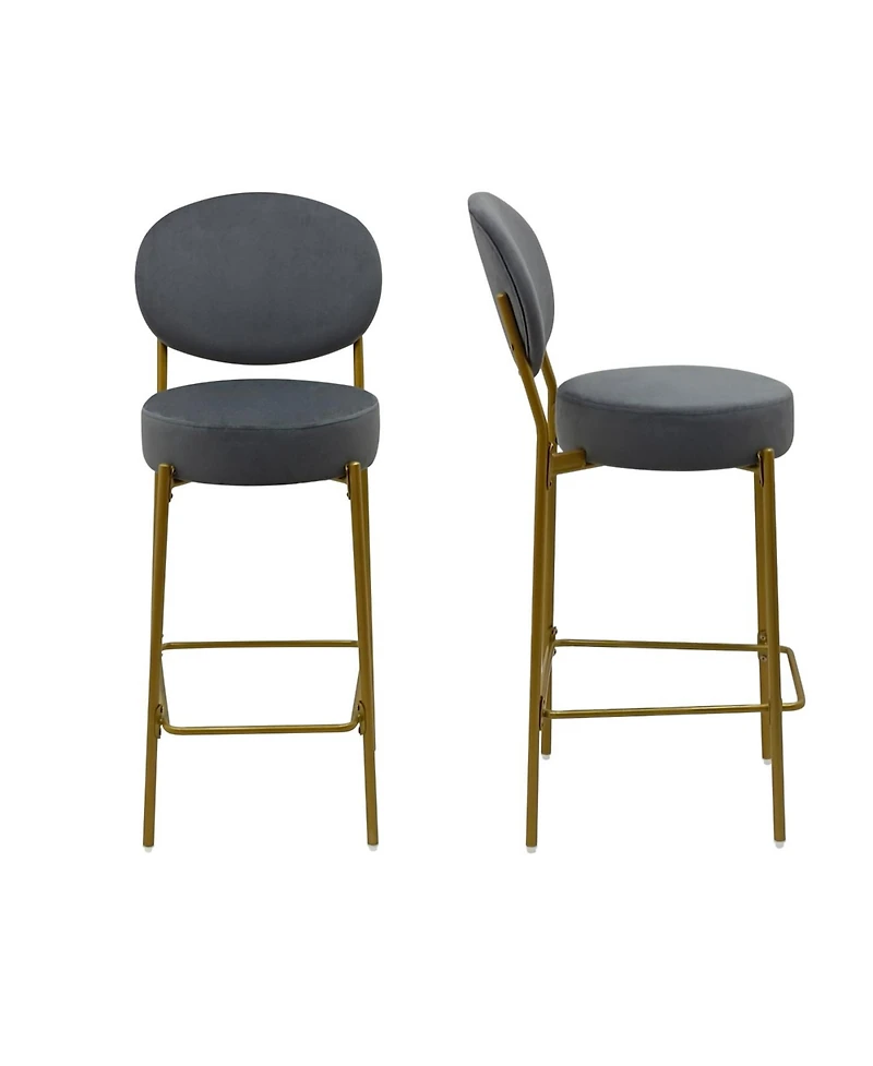 Streamdale Furniture Streamdale Set of 2 Gray Velvet Upholstered Bar Stools with Backrest & Footrest