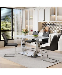 Streamdale Furniture Switchable Mode Stainless Steel Legs Dining Set: White Glass Top & 4 Armchairs