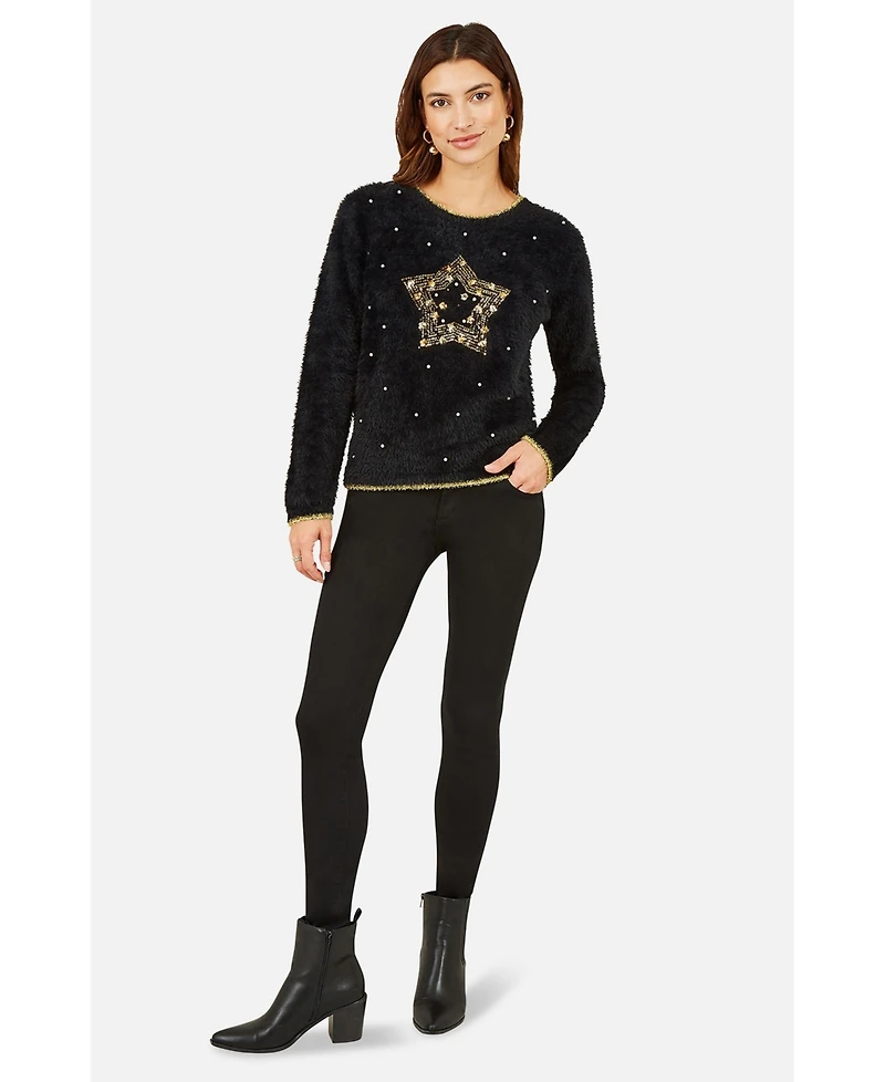 Yumi Women's Fluffy Star Holiday Sweater